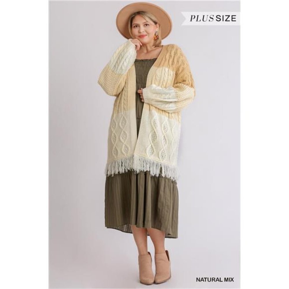 Women's Patchwork Knitted Open Front Cardigan Sweater With Frayed Hem